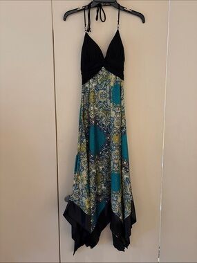 Nordstrom Black Bodice Halter Dress with Teal & Yellow Paisley Skirt